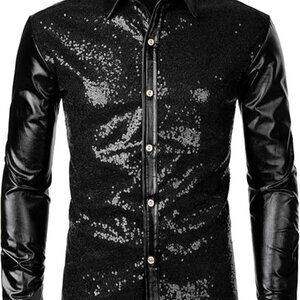 NWT Men's Shiny Metallic Long Sleeve Button Down Black Shirt 2X